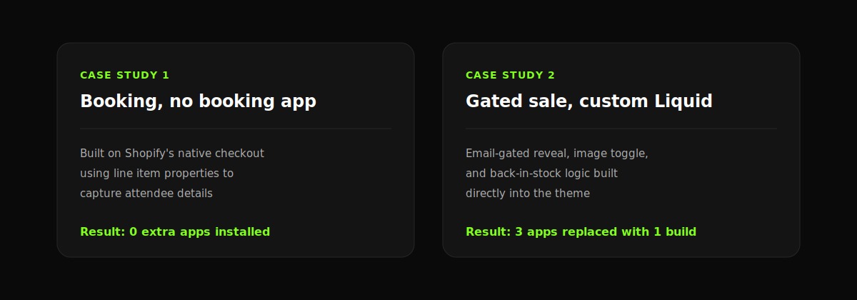 Case study comparison: booking without a booking app, and a gated sale built with custom Liquid instead of three apps