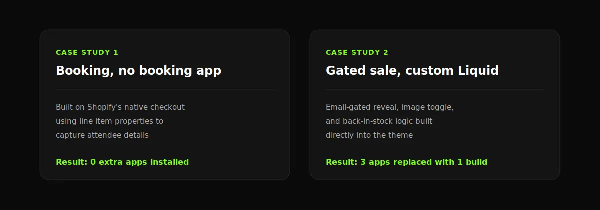 Case study comparison: booking without a booking app, and a gated sale built with custom Liquid instead of three apps